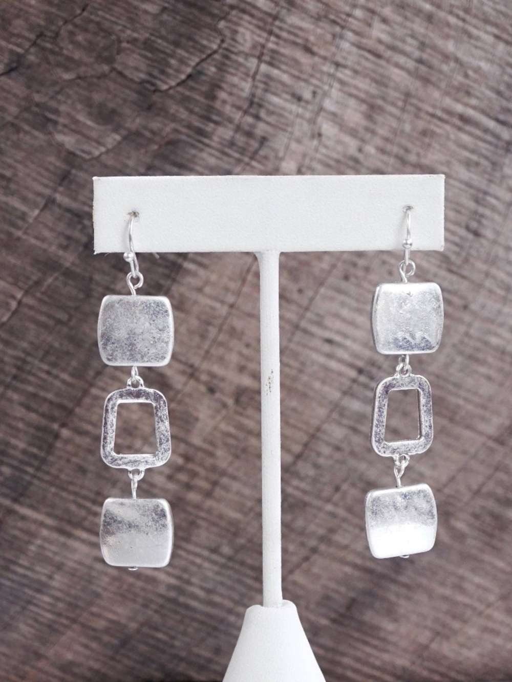 Boho Square Dangle Earrings – Worn Silver Tone